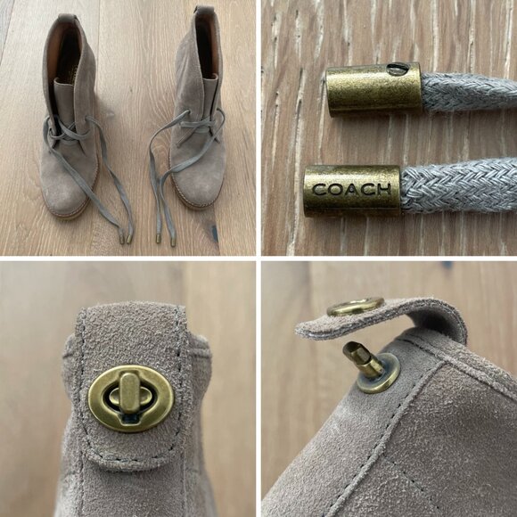 Coach Boots Women 9.5 B Ankle Booties Nikol Tan Beige Suede Heels Turnlock - Picture 12 of 13